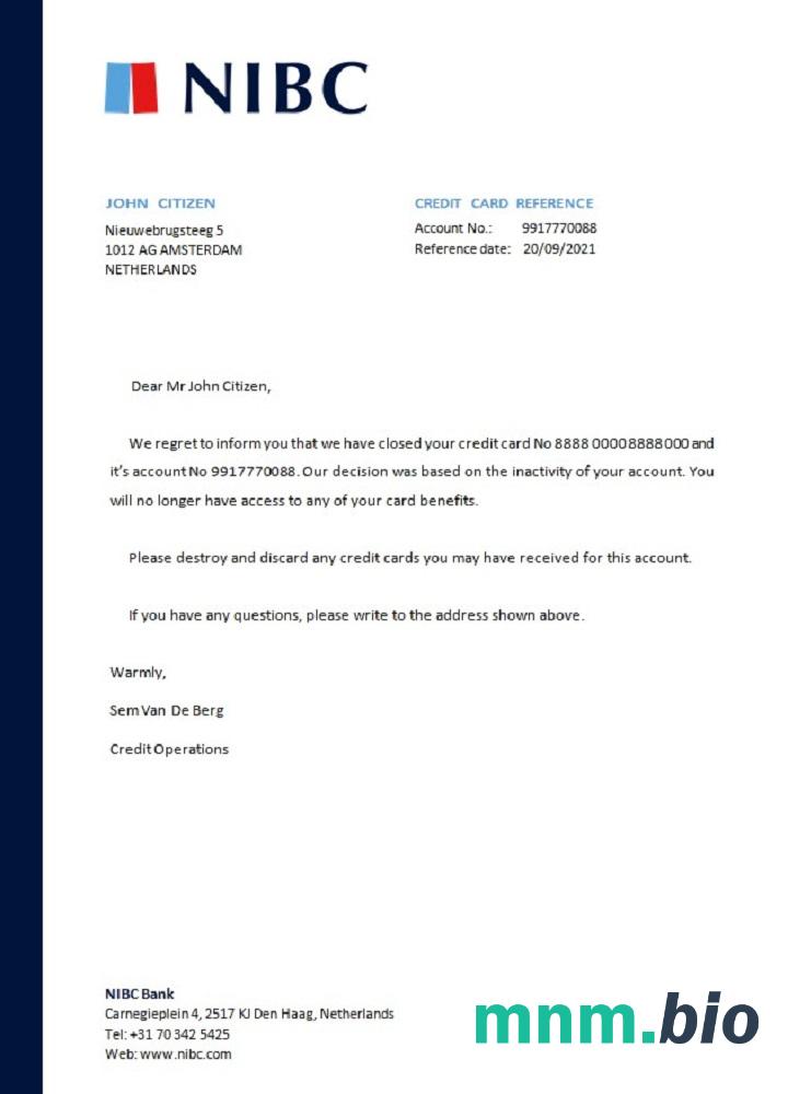 Przykład zamknięcia banku NIBC w Holandii w formatach Word i PDF